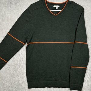Horny Toad Sweater Mens Large Merino Wool V-Neck Green Orange Stripe Pullover